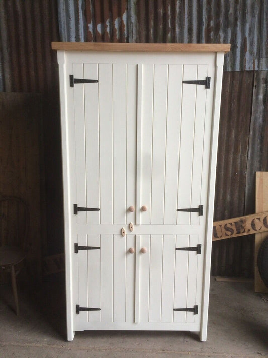 Large 4 Door Pantry / Larder Cupboard with Spice Racks,  Vintage Crates & Solid Oak Worktop - Handmade - Rustic - Freestanding Furniture