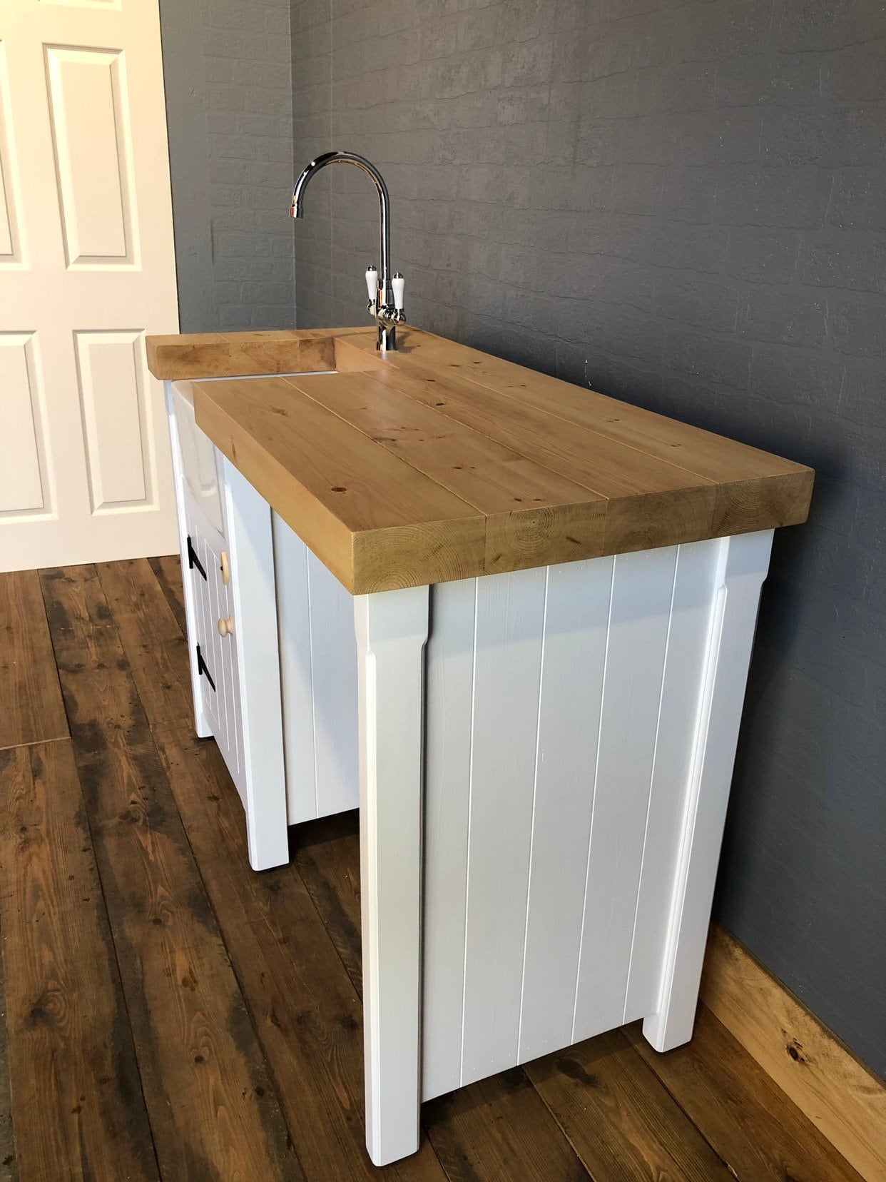 Baby Belfast Butler Sink Unit with One Appliance Gap - Chunky Pine Worktop - Handmade - Rustic - Freestanding Furniture