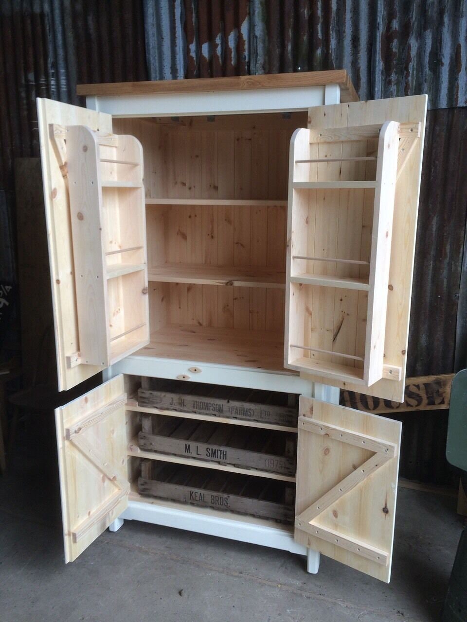 Large 4 Door Pantry / Larder Cupboard with Spice Racks,  Vintage Crates & Solid Oak Worktop - Handmade - Rustic - Freestanding Furniture