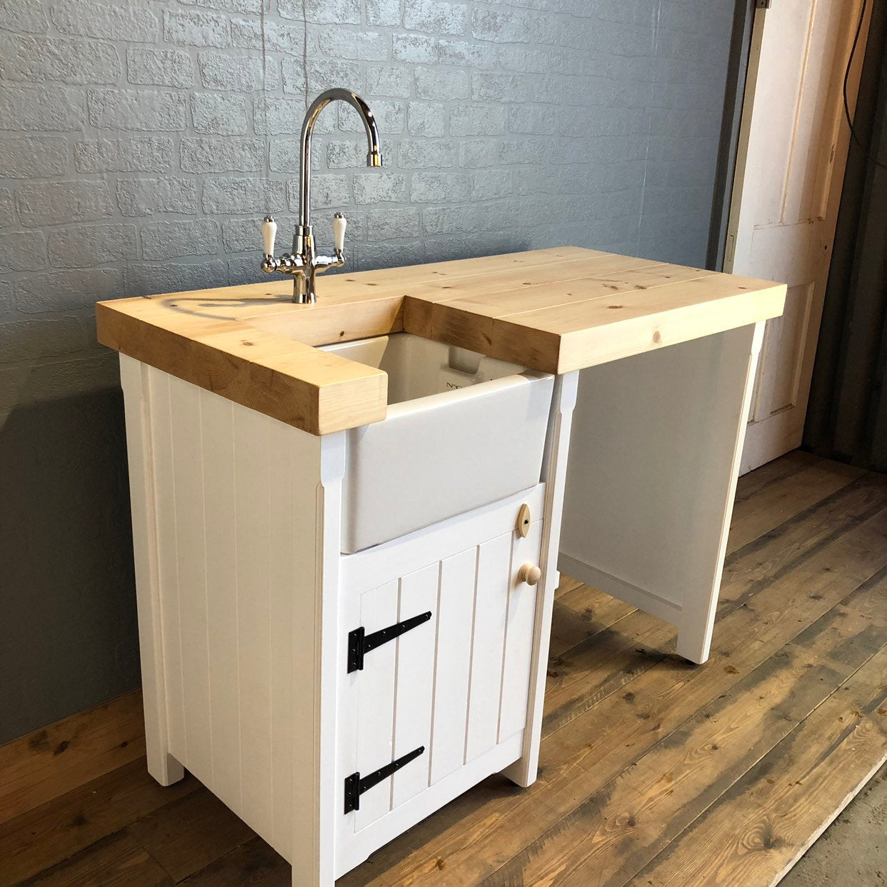 Baby Belfast Butler Sink Unit with One Appliance Gap - Chunky Pine Worktop - Handmade - Rustic - Freestanding Furniture