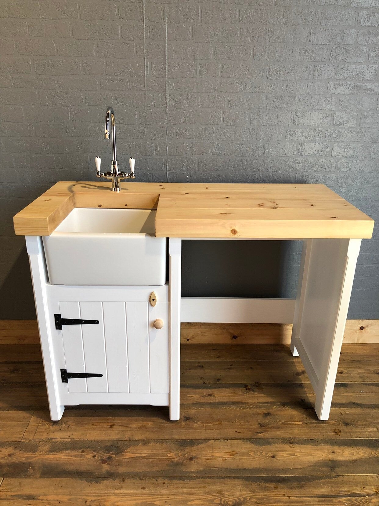 Baby Belfast Butler Sink Unit with One Appliance Gap - Chunky Pine Worktop - Handmade - Rustic - Freestanding Furniture