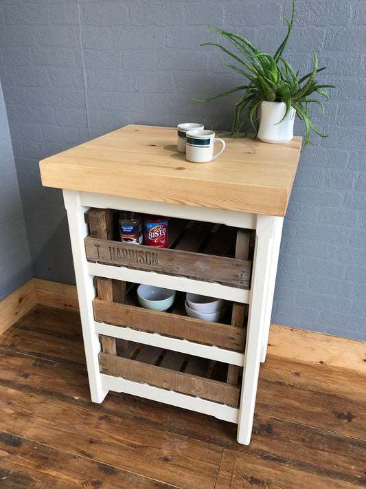 Freestanding Rustic Island with Chunky Pine Top (small) - Handmade Kitchen / Utility Storage Unit with Vintage Trays