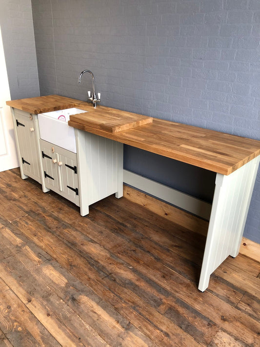 Freestanding Kitchen Belfast Butler Sink Unit with Cupboard & Double Appliance Gap with Oak Top