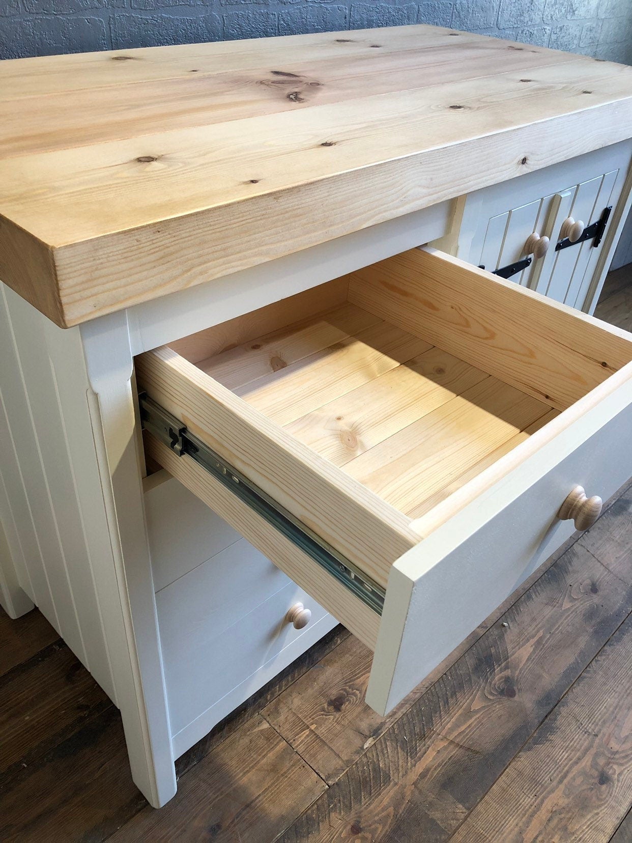 Double Door Cupboard with Drawers - Chunky Pine Worktop - Handmade - Rustic - Freestanding Furniture