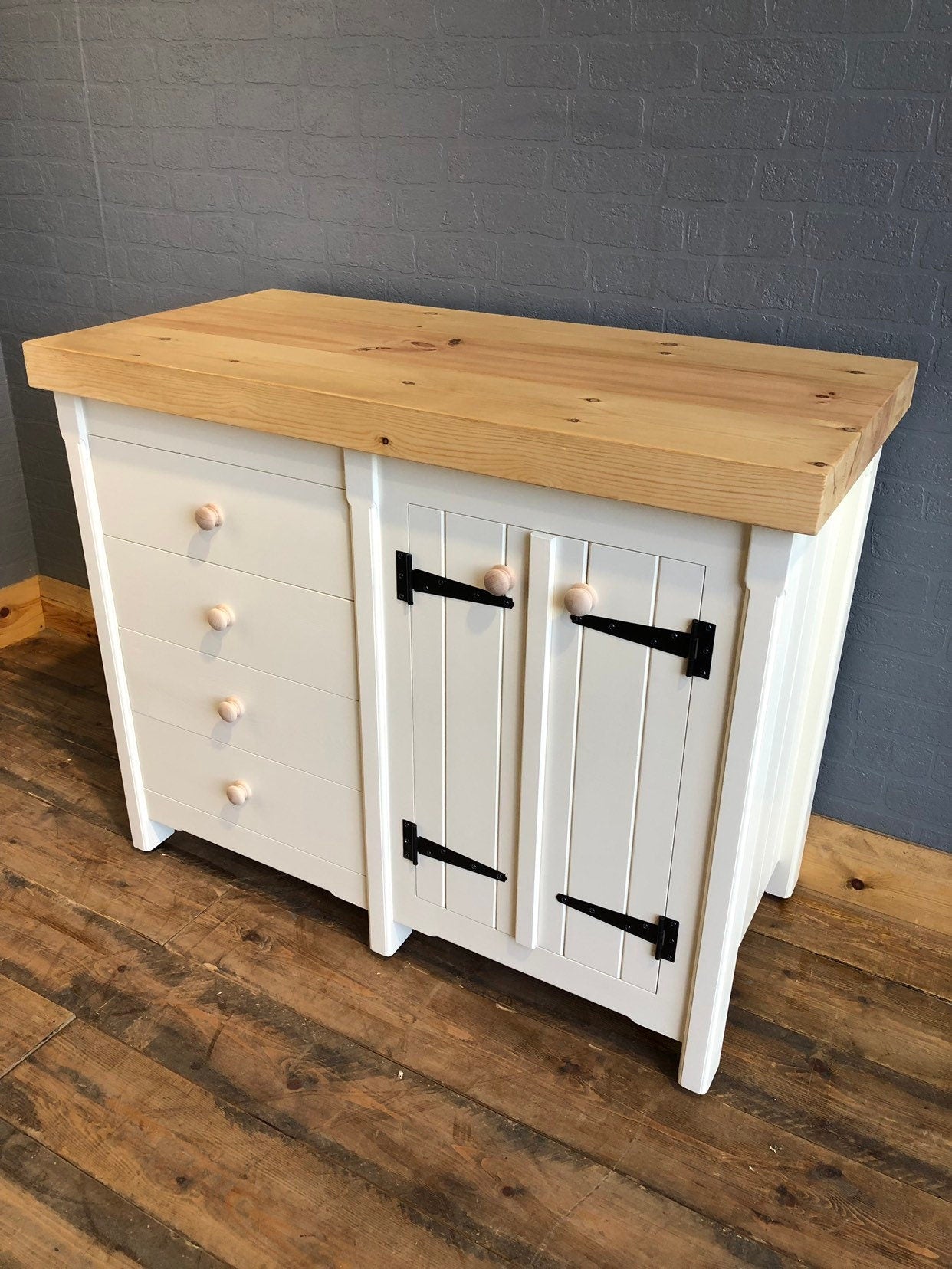 Double Door Cupboard with Drawers - Chunky Pine Worktop - Handmade - Rustic - Freestanding Furniture