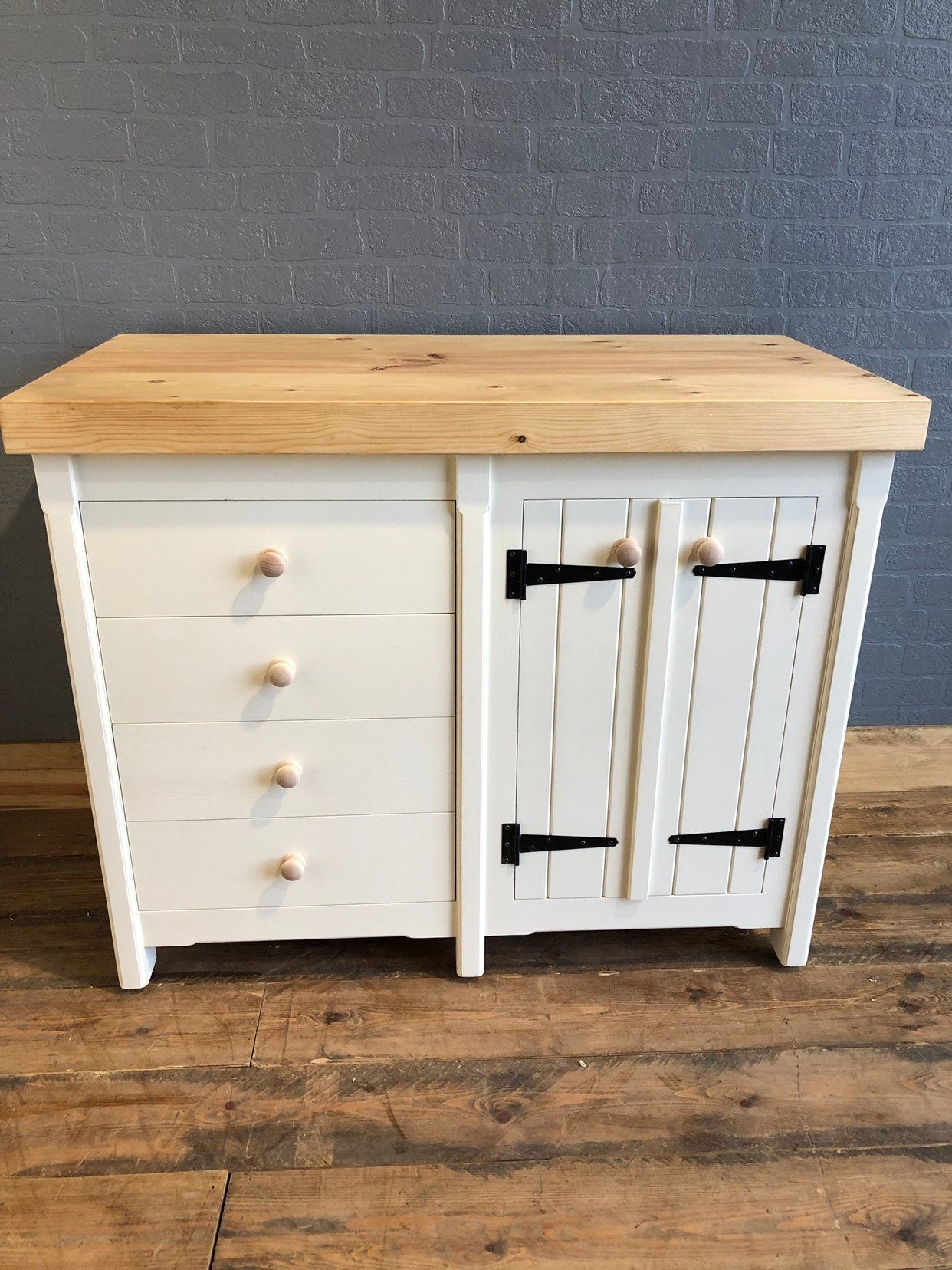 Double Door Cupboard with Drawers - Chunky Pine Worktop - Handmade - Rustic - Freestanding Furniture