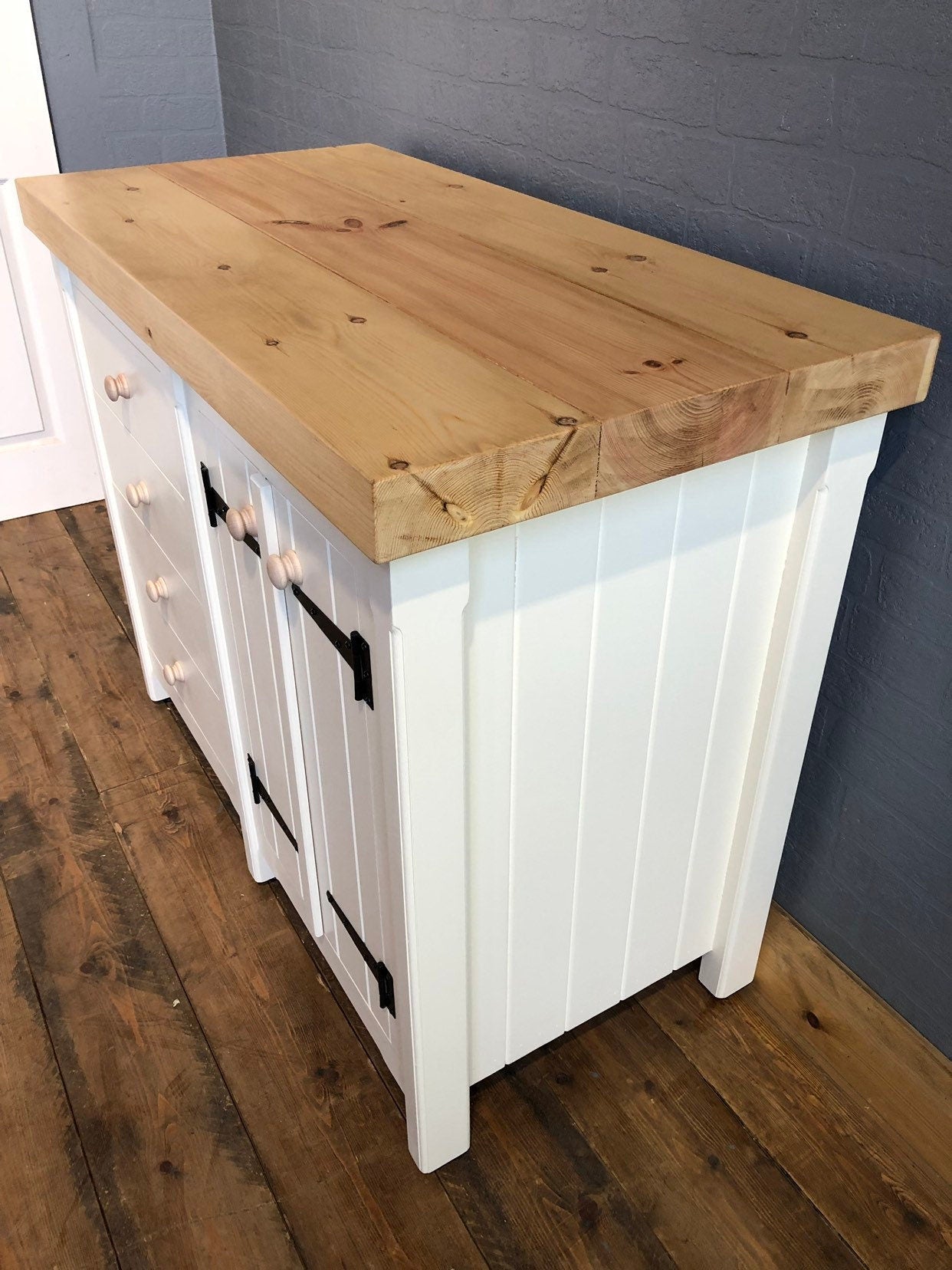 Double Door Cupboard with Drawers - Chunky Pine Worktop - Handmade - Rustic - Freestanding Furniture