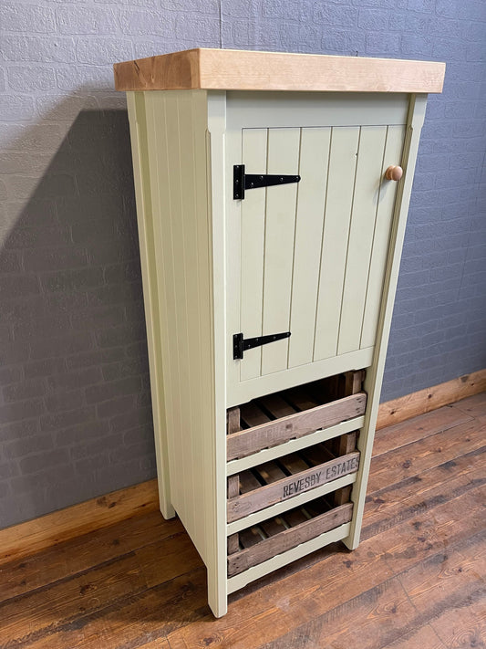 Single Door Larder / Pantry with Vintage Trays & Chunky Pine Worktop - Handmade - Rustic - Freestanding Furniture