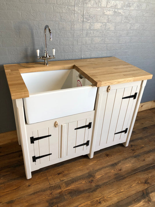 Freestanding Belfast Butler Sink Unit with Cupboard & Oak Top - Handmade Rustic Furniture